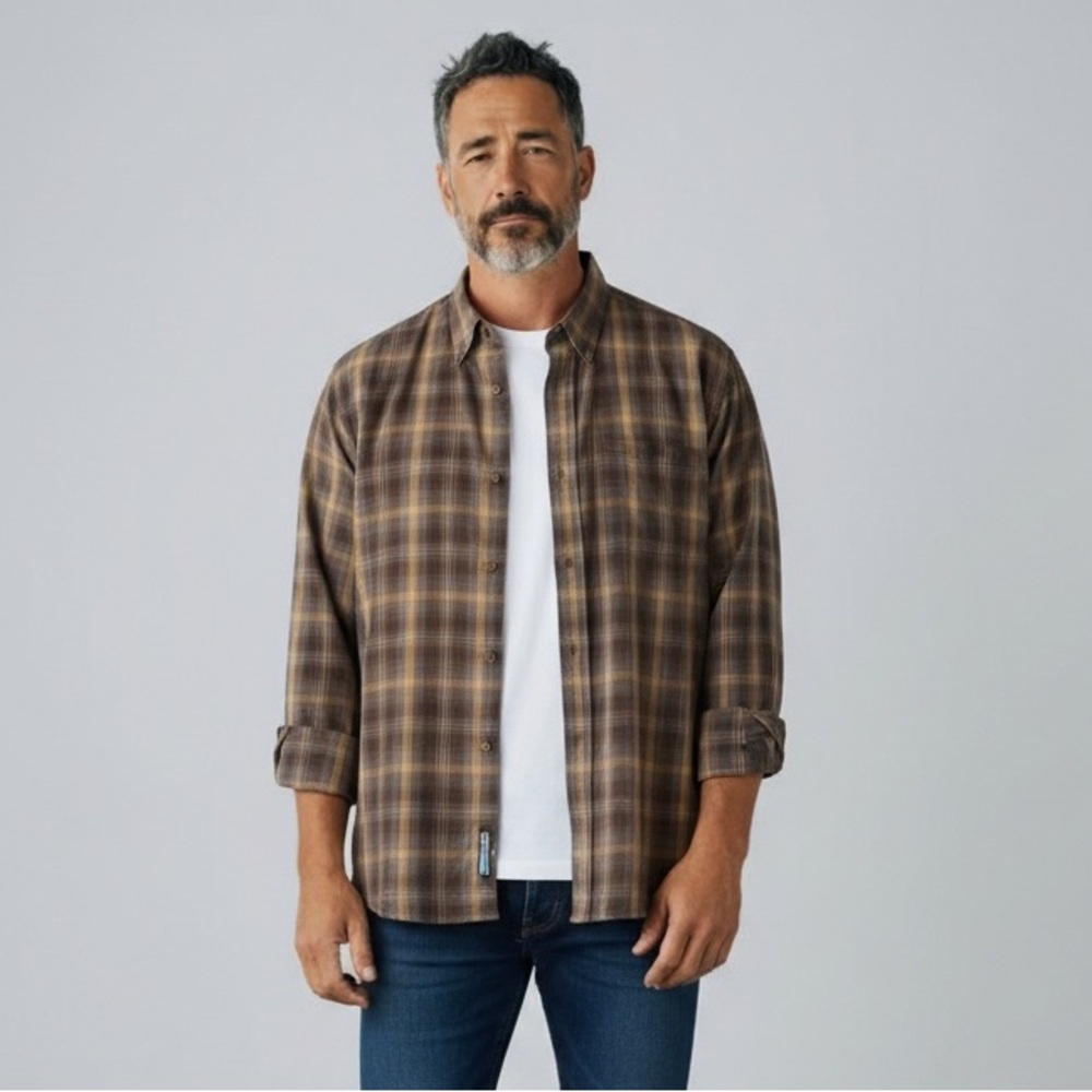 Arrow Mens Plaid Button Down Shirt Large Long Sleeve Collared Brown